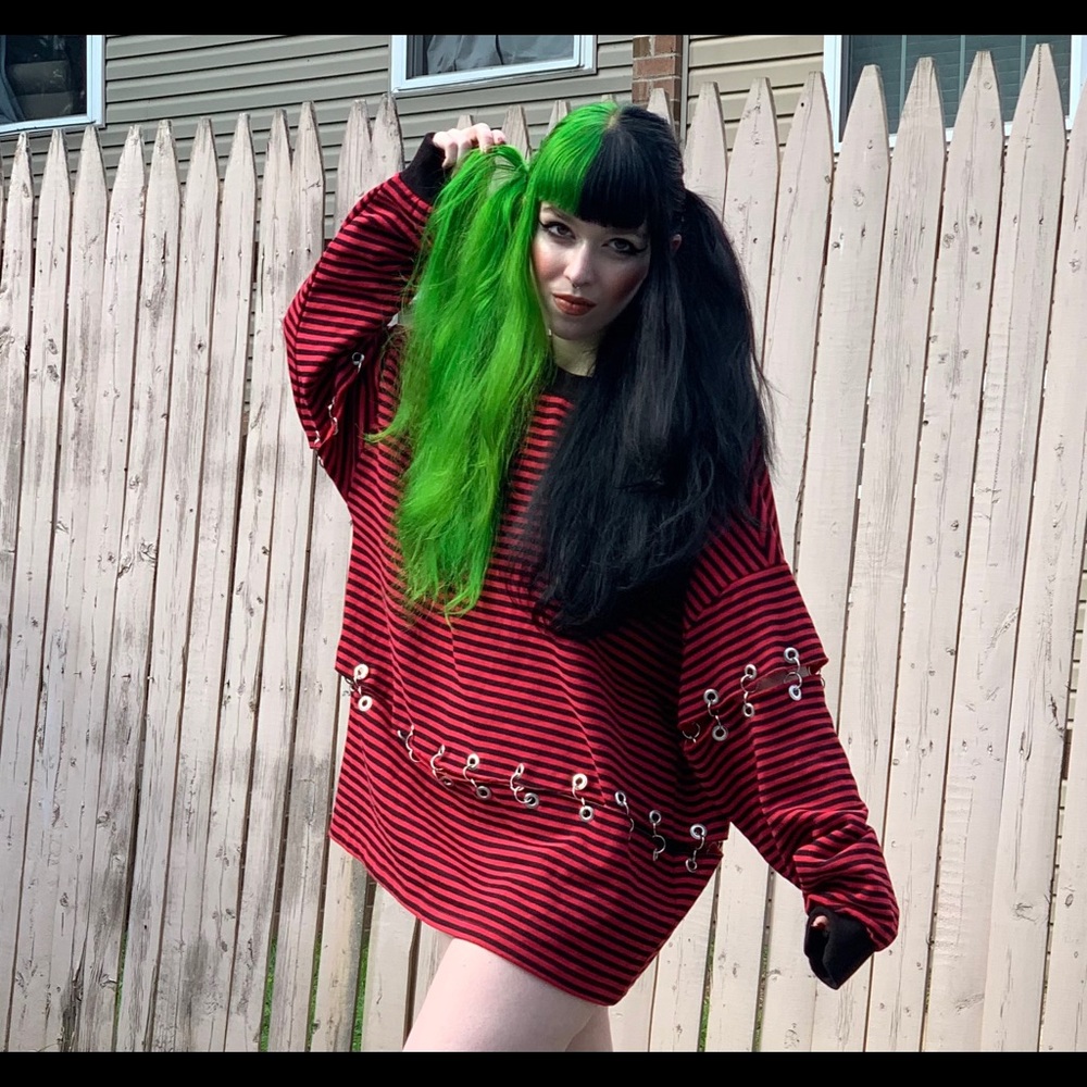 Hot Topic Red & Black Striped Pierced Sweatshirt